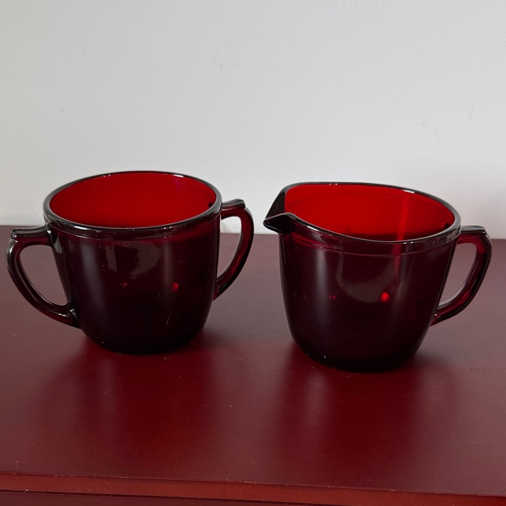 Vtg Royal Ruby Red Glass Creamer & Open Sugar Bowl Set Anchor Hocking 1960’s